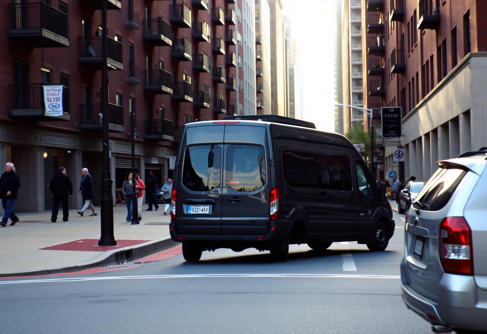 Passenger van pulling up to the kerb on a busy Arlington, Virginia street lined with apartment buildings