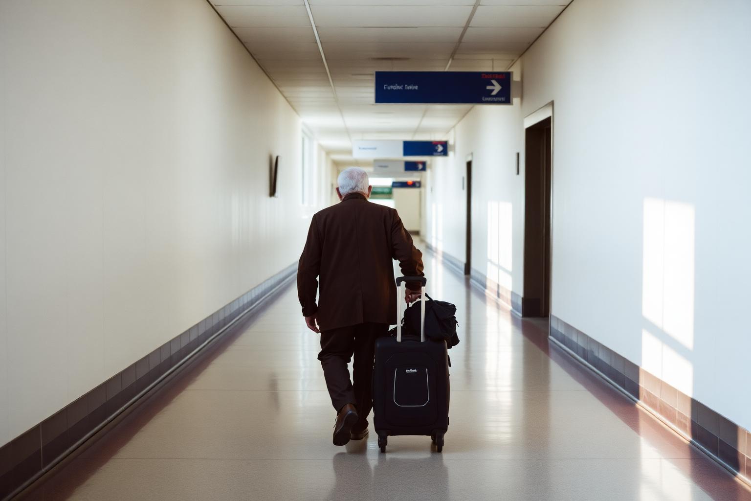 Older traveller walking through a terminal walkway with a suitcase