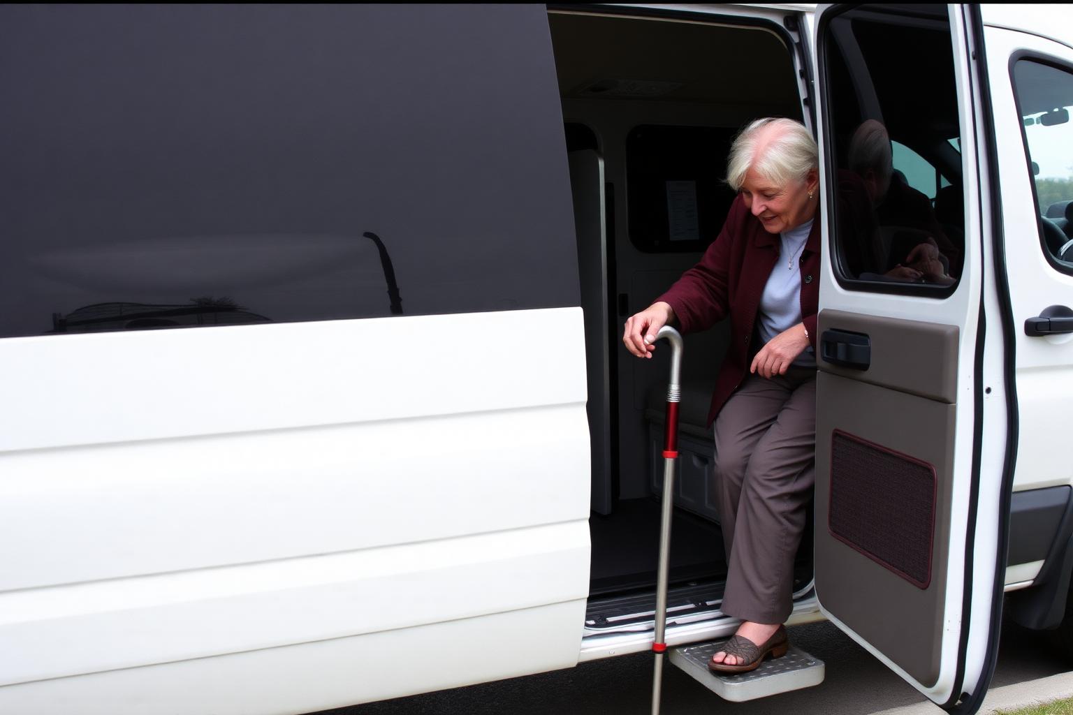 Ambulatory passenger stepping down from a transport van with a driver alongside
