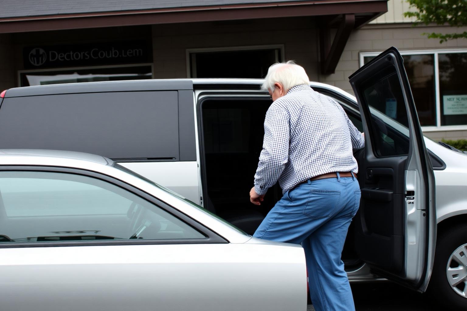 Older passenger walking into a doctor's office with a driver escorting