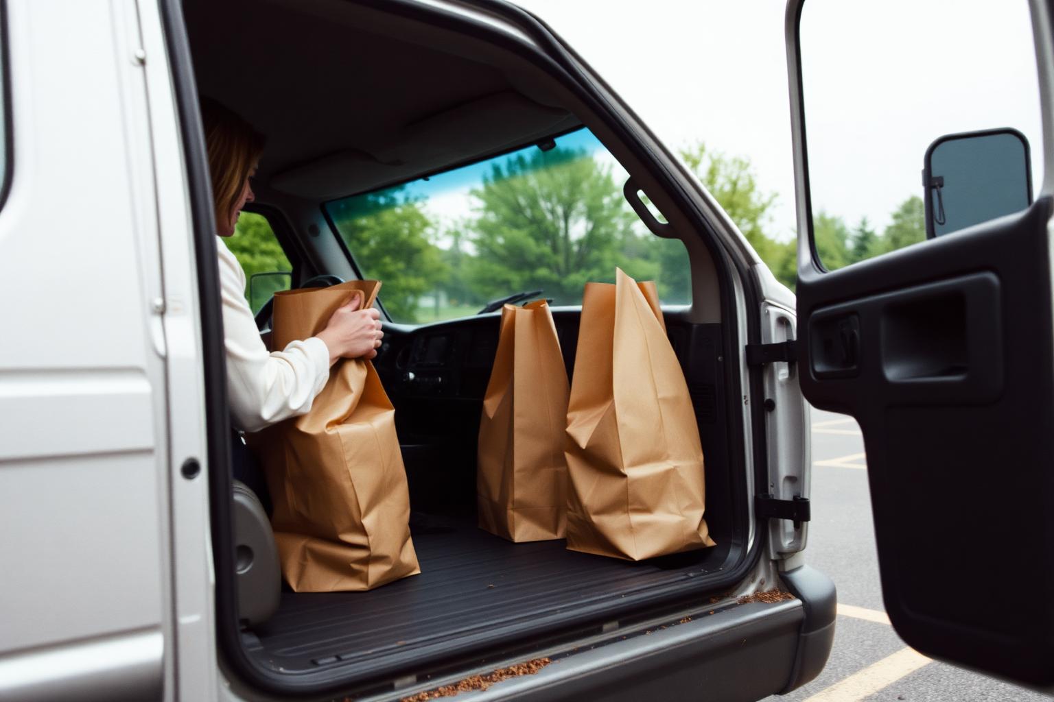 Paper grocery bags being loaded into the side door of a van