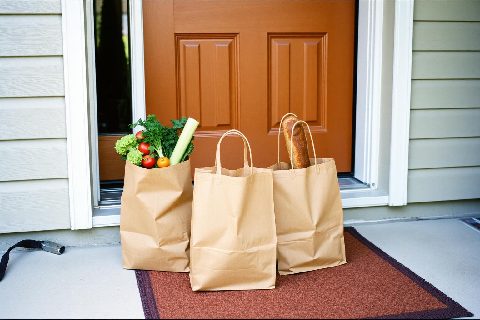 Grocery bags carried to a passenger's front door after a shopping trip