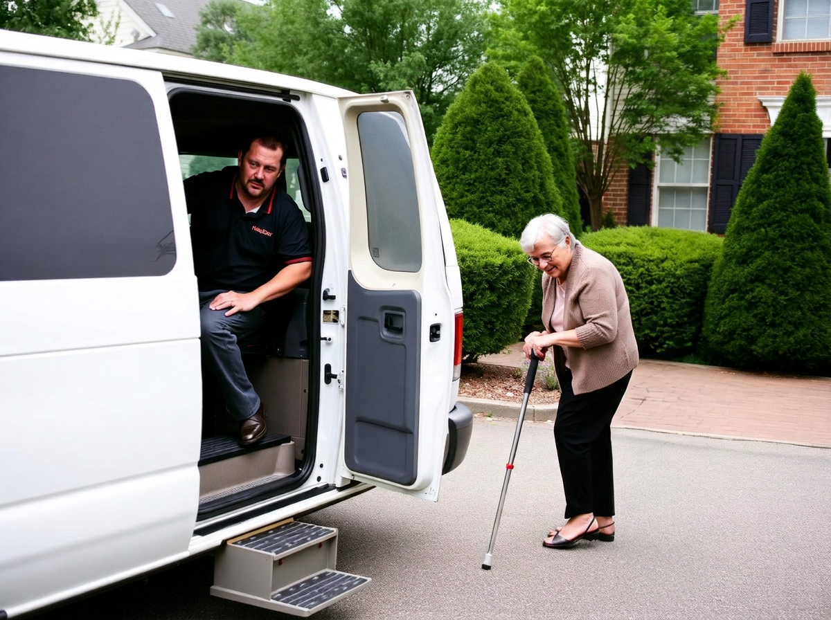 Jomia Med Transport driver helping an older passenger with a cane out of a van in a Woodbridge, Virginia driveway