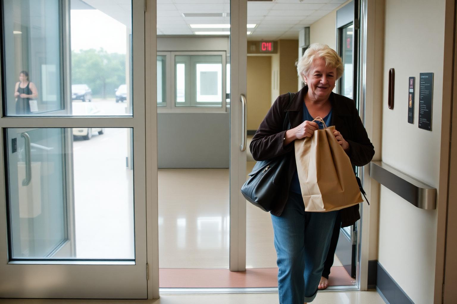 Passenger being wheeled along a hospital walkway toward a waiting vehicle