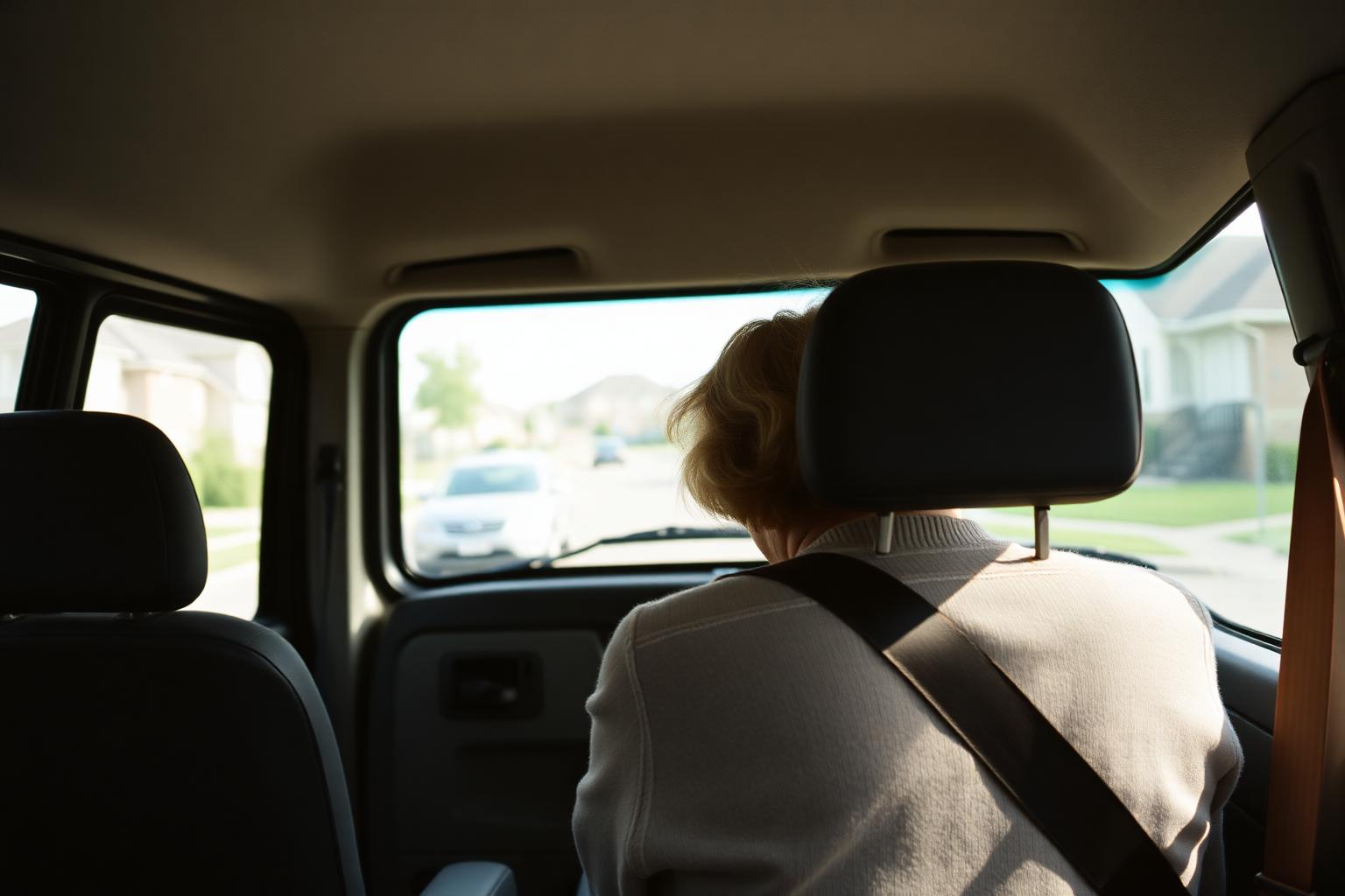 Driver helping a seated passenger settle in before a non-emergency medical trip