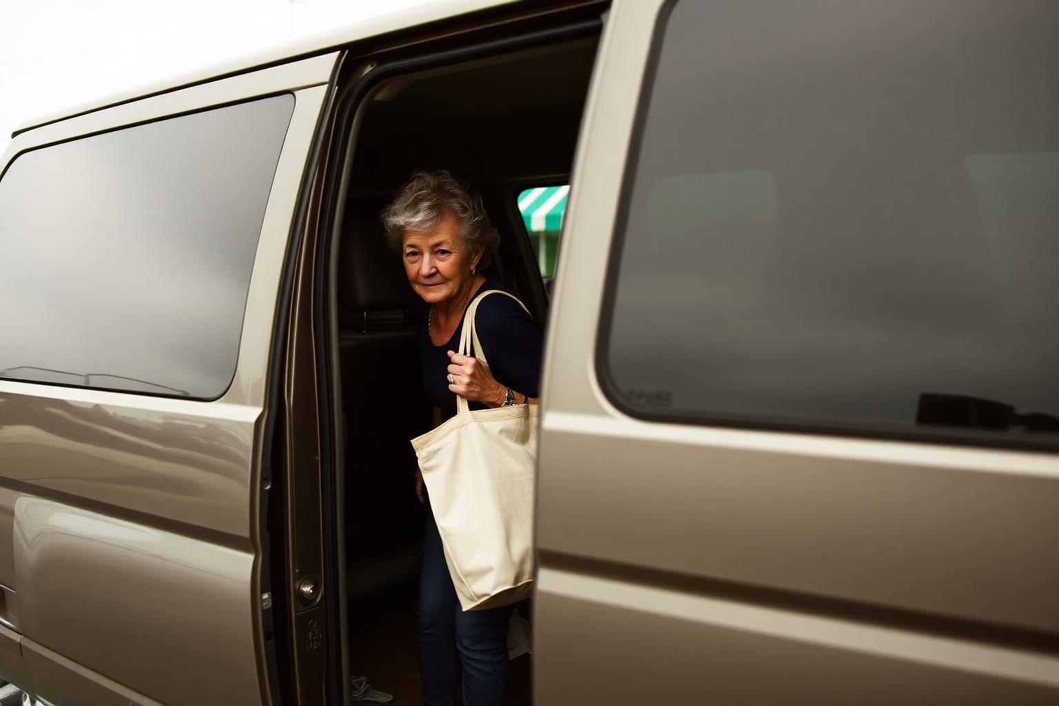 Passenger stepping out of a van outside a neighbourhood pharmacy